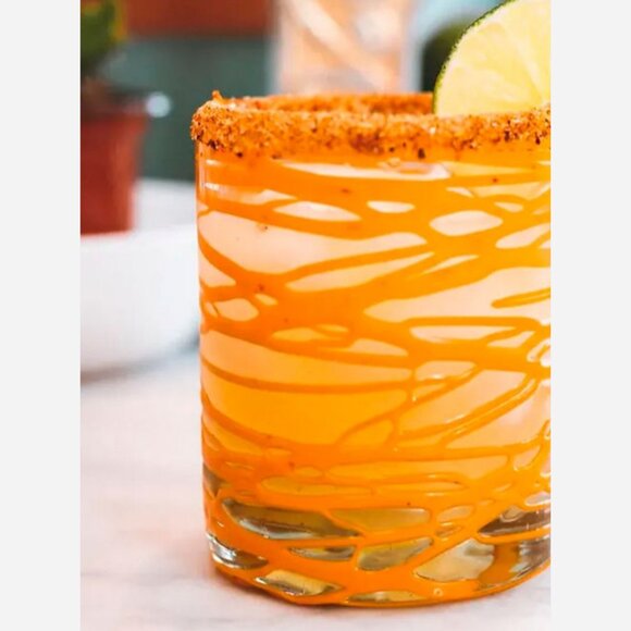 Handblown Mexican Orange Swirl Glasses – Set of 4 Artisan Recycled Glass - Picture 5 of 8